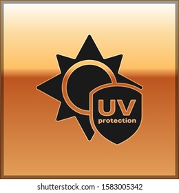 Black UV protection icon isolated on gold background. Sun and shield. Ultra violet rays radiation. SPF sun sign.  Vector Illustration