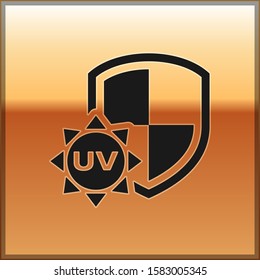 Black UV protection icon isolated on gold background. Sun and shield. Ultra violet rays radiation. SPF sun sign.  Vector Illustration