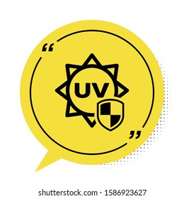 Black UV protection icon isolated on white background. Sun and shield. Ultra violet rays radiation. SPF sun sign. Yellow speech bubble symbol. Vector Illustration