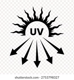 Black uv sun symbol with arrows representing ultraviolet radiation