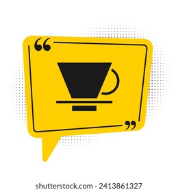 Black V60 coffee maker icon isolated on white background. Yellow speech bubble symbol. Vector Illustration