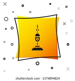 Black Vacuum cleaner icon isolated on white background. Yellow square button. Vector Illustration