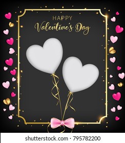 black valentine day banner included heart glitter ,border and happy valentine's day as golden shade, two die cut hearts on the middle, bottom have a pink bow. golden elements are reflected gold flare