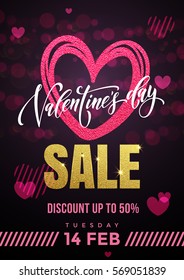 Black Valentine Day Sale poster with pink and red glitter heart and golden text. Vector illustration.