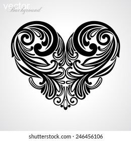 Black valentine heart in floral style isolated on White background. Celebration background with heart. Vector illustration 