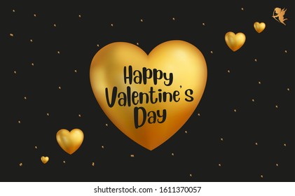 Black Valentine's Day background with 3d hearts on gold. Vector illustration. Cute love banner or greeting card. Gold hearts	