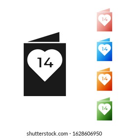 Black Valentines day flyer with heart icon isolated on white background. Celebration poster template for invitation or greeting card. Set icons colorful. Vector Illustration
