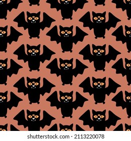 Black vampire bat with creepy eyes  hand drawn vector illustration. Halloween seamless pattern.