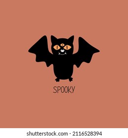 Black vampire bat with creepy eyes hand drawn vector illustration. Cute halloween character. "Spooky" greeting card.