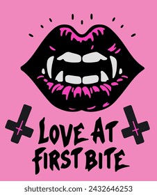 Black vampire lips on a pink background with a hand-drawn "love at first bite" inscription.