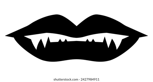 Labios de vampiro negro. Ilustración de dientes de vampiro para halloween. Vector aislado sobre fondo blanco.
