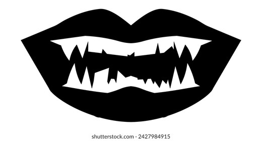 Black vampire lips. Vampire teeth illustration for halloween. Vector isolated on white background.