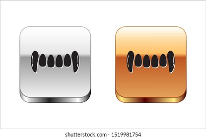 Black Vampire teeth icon isolated on white background. Happy Halloween party. Silver-gold square button. Vector Illustration