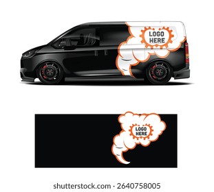 Black van mockup with orange and white logo design template. Perfect for branding and advertising.