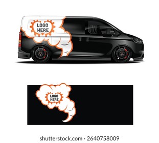 Black van mockup with orange and white comic-style design, perfect for branding and advertising.