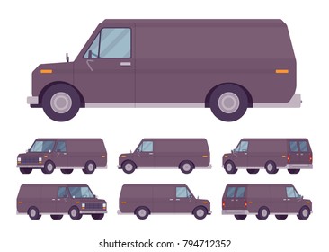 Black van set. Road vehicle for transporting goods, medium-sized motor delivery truck for commercial service and business needs. Vector flat style cartoon illustration isolated on white background