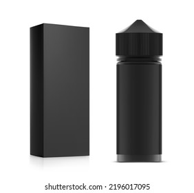 Black Vape Bottle And Box Mockup Isolated On White Background. Vector Illustration. Can Be Used To Present Cigarette Liquid, Medical And Other Needs. EPS10.	