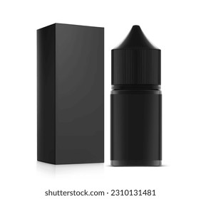 Black vape bottle with box mockup. Vector illustration isolated on white background. Can be used to present cigarette liquid, medical and other needs. EPS10.	