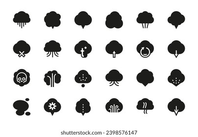 Black vapour icons. Outline toxic smoke and steam trail pictograms, steam and fog sign, bad breath, smog odour warning sign. Vector isolated set of steam toxic isolated illustration