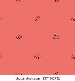 Black varied grunge stipple on bright coral background. Bold seamless geometric vector pattern with modern urban vibe. Timeless print for stationery, packaging, fabric, fashion, giftwrap