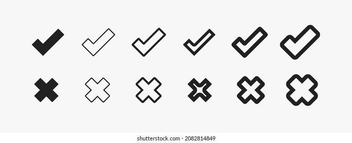 Negro varias marcas de verificación aisladas en fondo blanco. Cruzar y marcar para el diseño y el negocio. Aceptar y rechazar iconos lineales. Símbolos de marca de verificación plana definidos para el diseño gráfico
