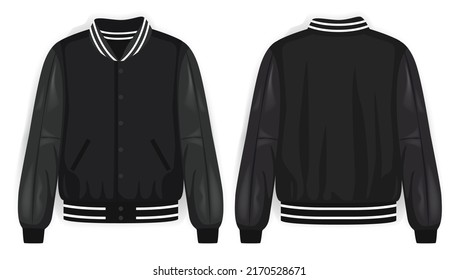 Black varsity jacket front and back view, vector mockup illustration