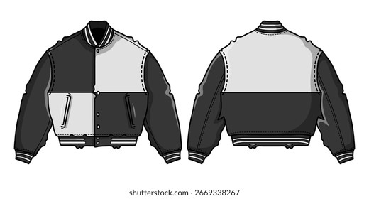 Black Varsity Jacket Vector. Front and Back College Bomber Design