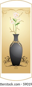 Black vase with bouquet of flowers on the decorative background. Vector