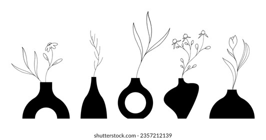 Black Vase Ceramic Pot with Flower and Plant on Stem Silhouette Vector Set. Graphic Home Decor and Interior