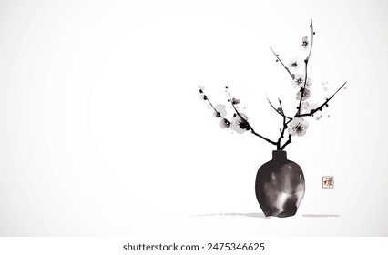 Black vase with cherry blossom branches in traditional sumi-e style on white background. Hieroglyph - well-being.