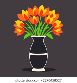 black vase with colored flowers