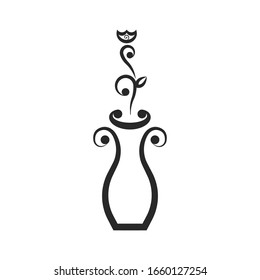 Black vase with a flower. Ornate pattern with curls. Vector illustration on isolated white background.