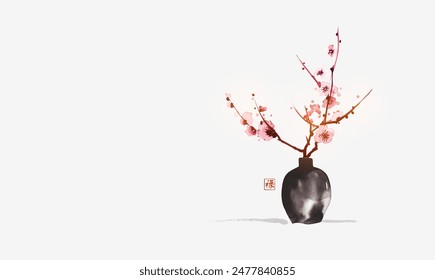 Black vase with pink cherry blossom branches in traditional sumi-e style on white background. Hieroglyph - well-being.