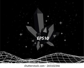 Black vector abstract background with frosted crystal  in the foreground and particles and landscape.