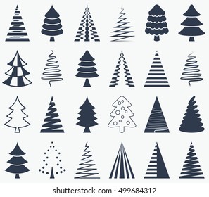Black vector abstract christmas tree icons collection isolated 