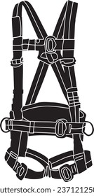 black vector of Adventure equipment life jacket over, silhouette of black leather harness made of multirow straps with rivets, steel rings and buckles. The chest harness