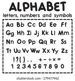 Black vector alphabet isolated on white  background, available all letters, numbers and  symbols, medium font. 