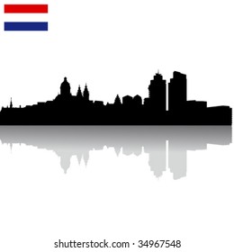 Black vector Amsterdam silhouette skyline with flag