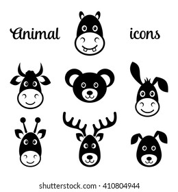 Black vector animal face icons isolated on white