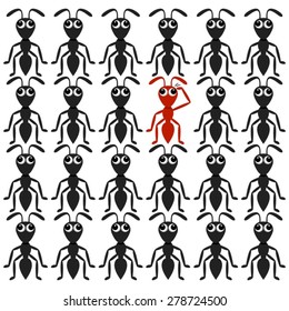 Black vector ant cartoon characters with red one