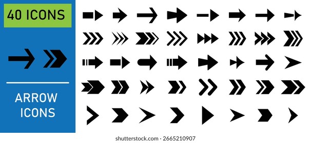 Coleção de ícones de seta preta vetorial. Seta preta apontando para a direita. Setas simples modernas. Coleciona setas diferentes no estilo plano. Ilustração vetorial. 