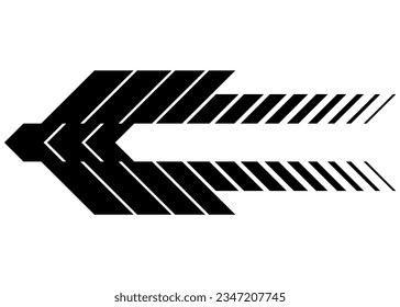 Schwarzer Vektorpfeil auf weißem Hintergrund. Modernes Muster für einen Aufkleber auf einem Fahrzeug, Auto, Bus, SUV, Spielzeug, Sportbekleidung Muster, Webdesign, Innenausstattung, Druck. Trendy, Vektorhintergrund.