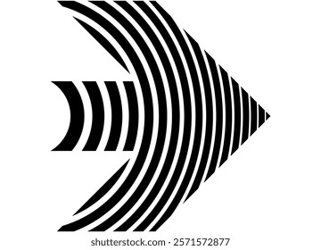 Black vector arrow on white background in retro style. Striped design element. Pointer, Navigation. Modern vector background from lines