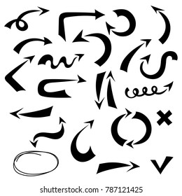 Black vector arrow set isolated on white background. Hand draw imitation