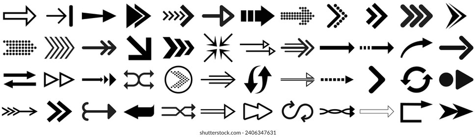 Black vector arrows collection. Arrow. Cursor. Arrow vector icon.Set different arrows or web design. Arrow flat style isolated on white background,  Direction symbols - vector illustration