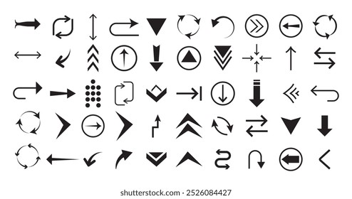 Colección de flechas de Vector negro. Flecha. Cursor. Icono de Vector de flecha. Modernas flechas simples. Colección diferentes flechas en estilo plano para Diseño web o interfaz. Símbolos de dirección - Ilustración vectorial
