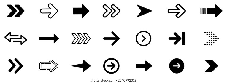 Black vector arrows collection. Arrow. Cursor. Arrow vector icon. Modern simple arrows. Collection different Arrows on flat style for web design or interface. Direction symbols. Vector Illustration.