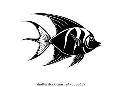 Arte vectorial negro de una silueta de pez ángel, perfecto para diseños de temática marina, tatuajes e ilustraciones. Gráficos detallados y de alta calidad 