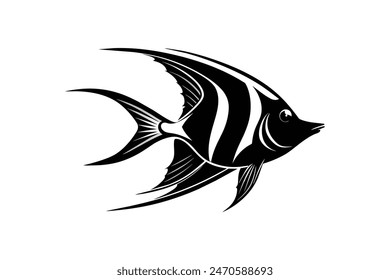 Black vector art of an angelfish silhouette, perfect for marine-themed designs, tattoos, and illustrations. High-quality and detailed graphic 