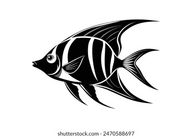 Black vector art of an angelfish silhouette, perfect for marine-themed designs, tattoos, and illustrations. High-quality and detailed graphic 